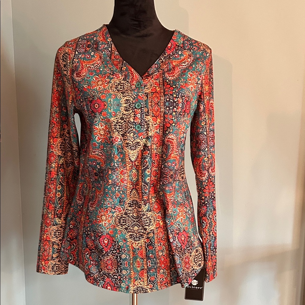 Paisley Button-Front Long-Sleeve Blouse in Teal & Coral